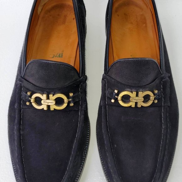 Salvatore Ferragamo Black Suede Loafers with Gold Gancini Hardware main image 12